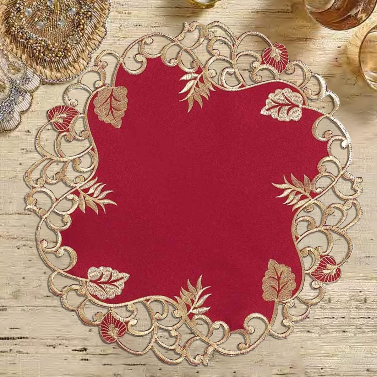 Royal Garnet – Burgundy Gold Table Doilies, Tarantino Collection Elegant Home Décor 15 inch - Decozen