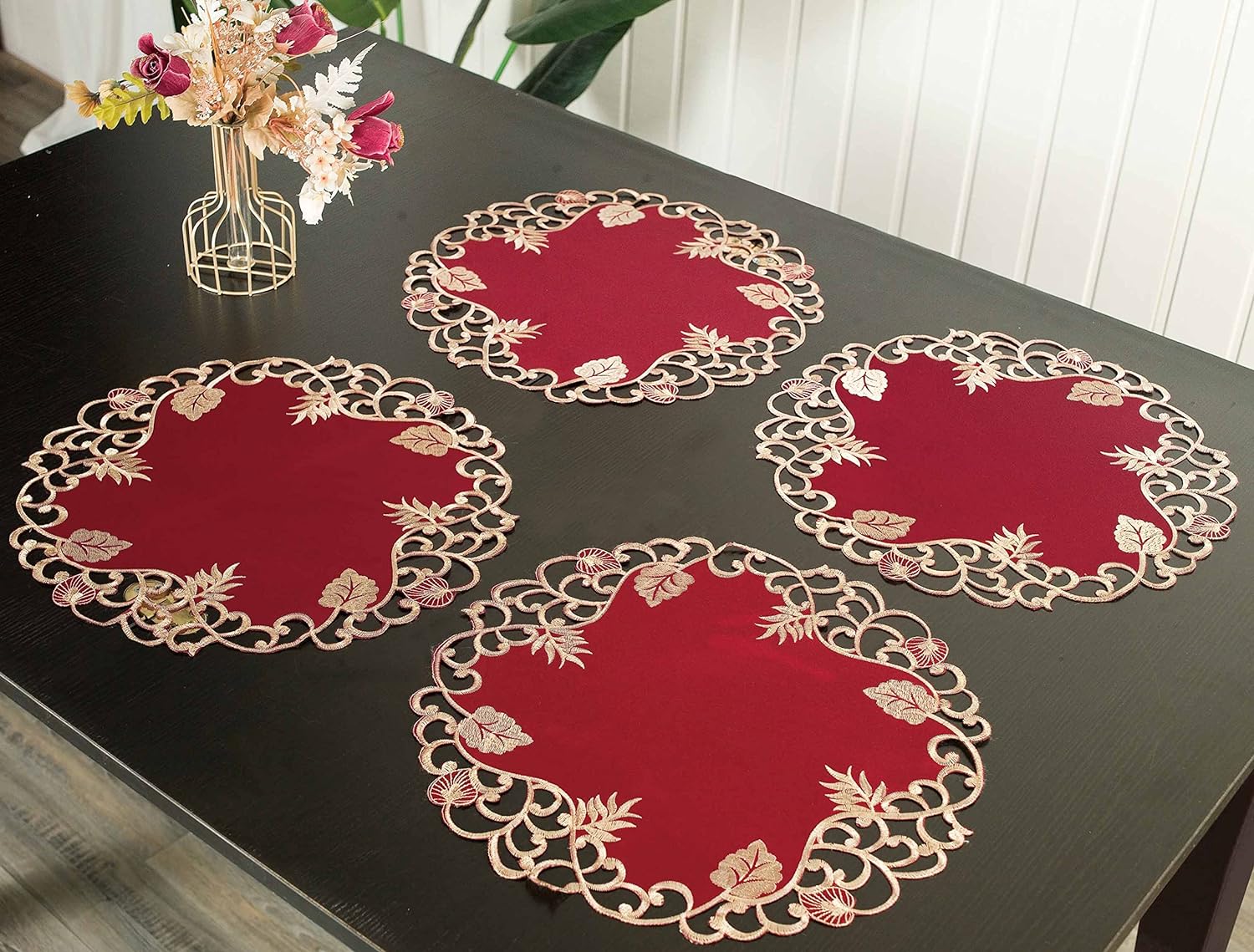 Royal Garnet – Burgundy Gold Table Doilies, Tarantino Collection Elegant Home Décor 15 inch - Decozen