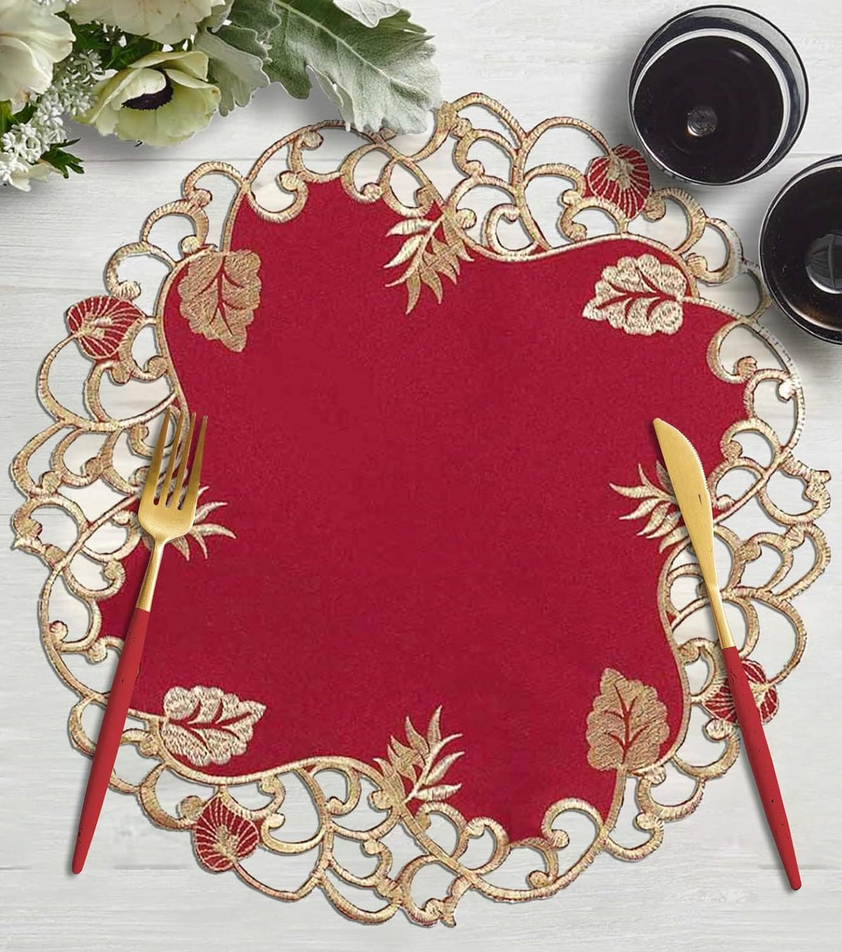 Royal Garnet – Burgundy Gold Table Doilies, Tarantino Collection Elegant Home Décor 15 inch - Decozen