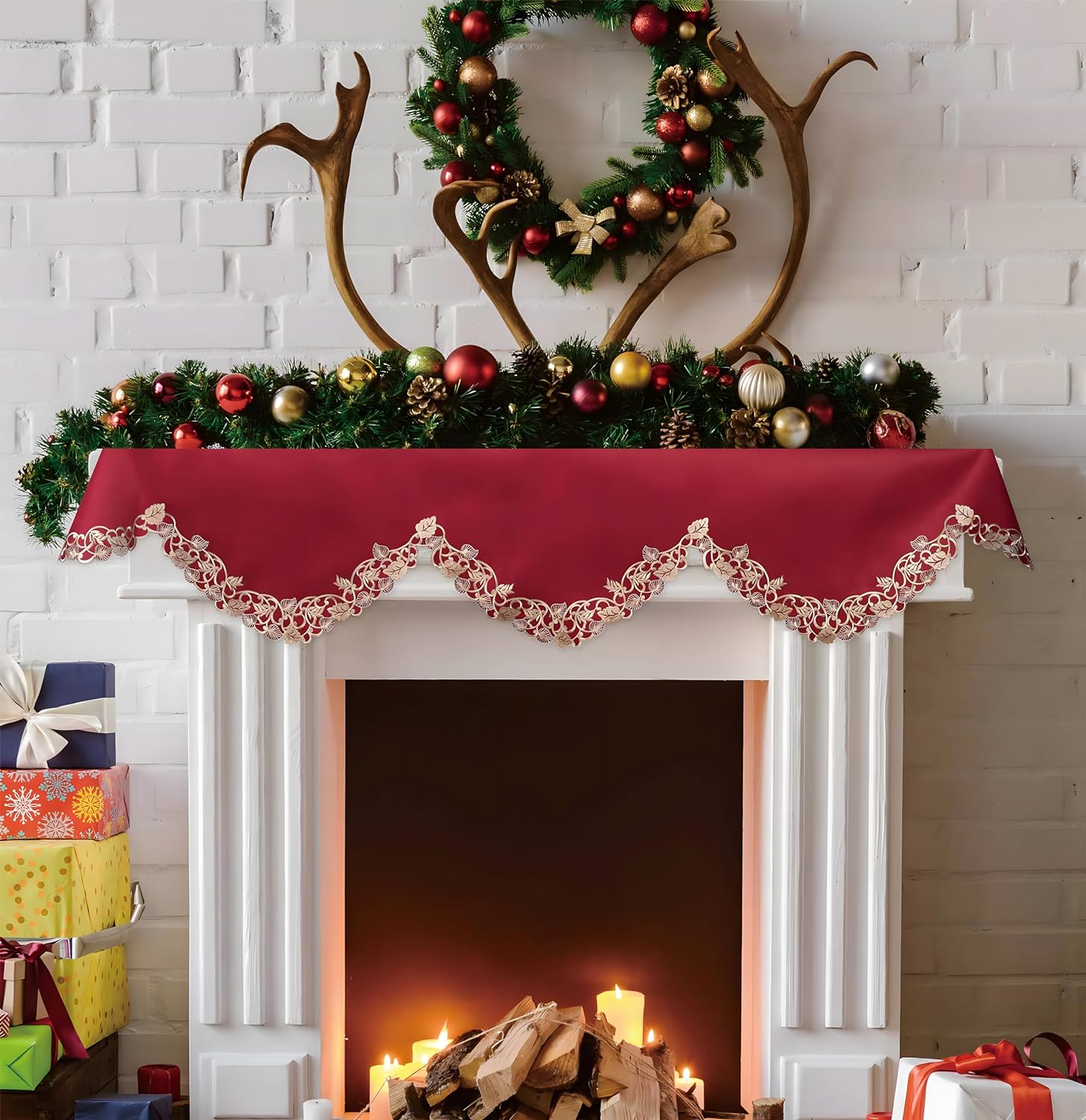 Royal Garnet – Burgundy Gold Mantel Scarf, Tarantino Collection Elegant Home Accent 18*90 Inch - Decozen