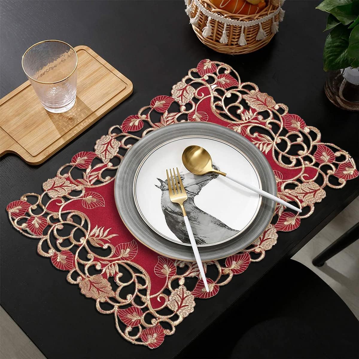 Set of four Royal Garnet Burgundy Gold Table Placemats from RIZ-002-PM Tarantino Collection, elegant 12x18 inch dining décor