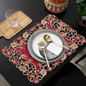 Set of four Royal Garnet Burgundy Gold Table Placemats from RIZ-002-PM Tarantino Collection, elegant 12x18 inch dining décor