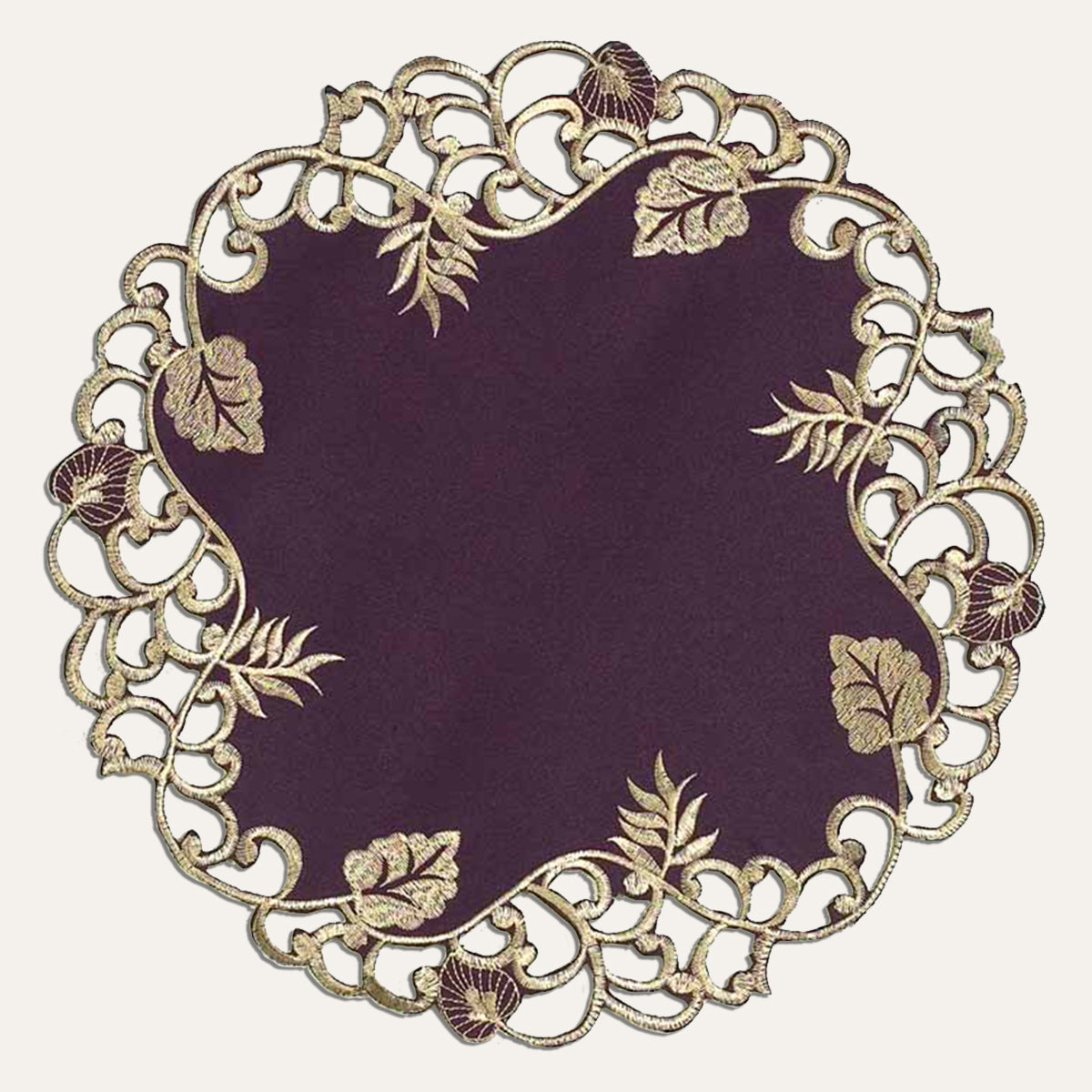 Set of four Velvet Plum and Gold Table Doilies from RIZ-003-DL Tarantino Collection, 15-inch artistic dining décor.