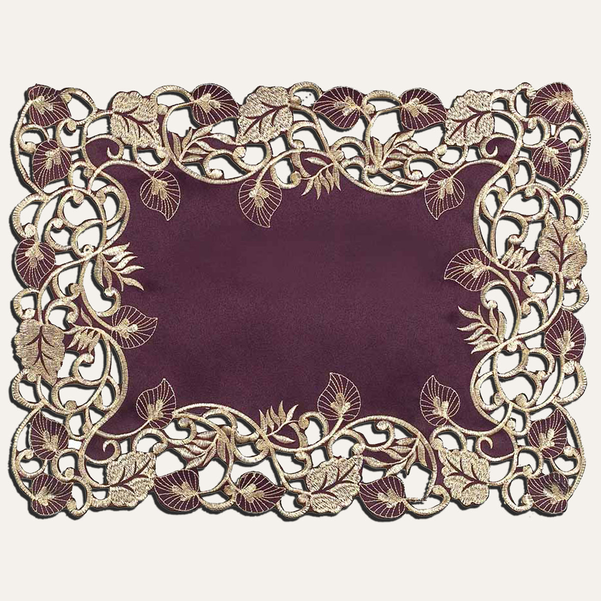 Set of four velvet plum and gold table placemats from RIZ-003-PM Tarantino Collection, 12x18 inches, artistic dining decor.