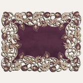 Set of four velvet plum and gold table placemats from RIZ-003-PM Tarantino Collection, 12x18 inches, artistic dining decor.