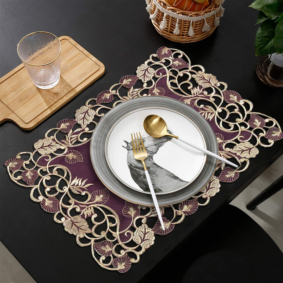 Velvet Plum – Plum Gold Table Placemats, Tarantino Collection Artistic Dining Décor 12*18 inch - Decozen
