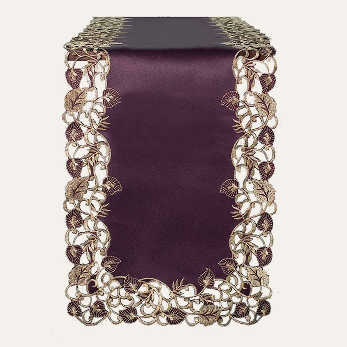 Velvet Plum and Gold Table Runner from RIZ-003-RN Tarantino Collection, 14x108 inches, elegant artistic dining accent.