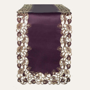 Velvet Plum and Gold Table Runner from RIZ-003-RN Tarantino Collection, 14x108 inches, elegant artistic dining accent.