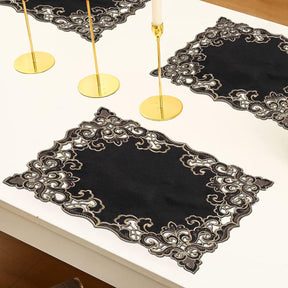 Set of four Noir Luxe Black Gold placemats from RIZ-004-PM Granada Collection, modern 12x18 inch dining table décor.