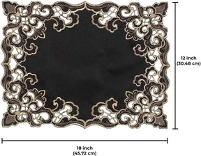 Set of four Noir Luxe black and gold table placemats from RIZ-004-PM Granada Collection, modern 12x18 inch dining décor.