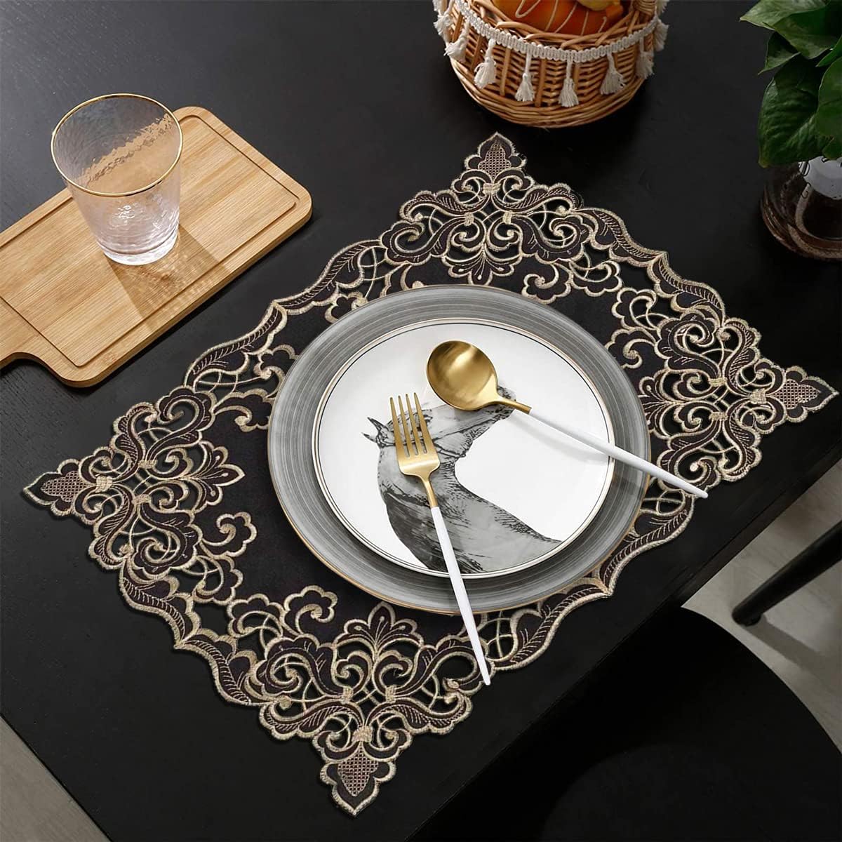 Set of four Noir Luxe black and gold table placemats from RIZ-004-PM Granada Collection, modern 12x18 inch dining décor.