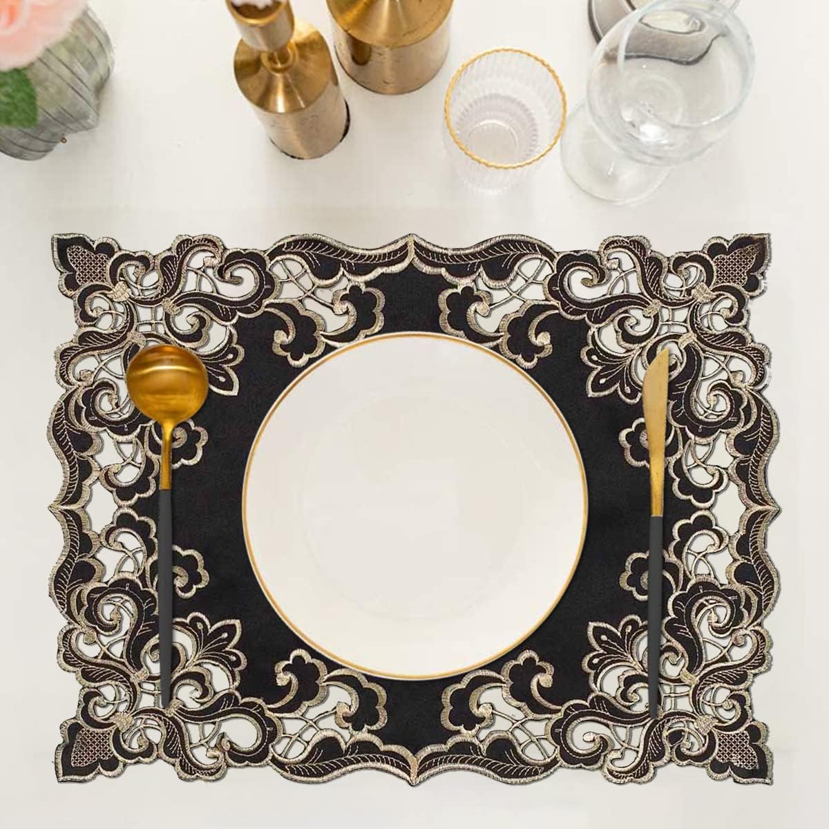 Set of four Noir Luxe black gold placemats from the Granada Collection, modern 12x18 inch table décor, by RIZ-004-PM.