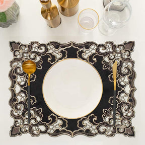 Set of four Noir Luxe black gold placemats from the Granada Collection, modern 12x18 inch table décor, by RIZ-004-PM.