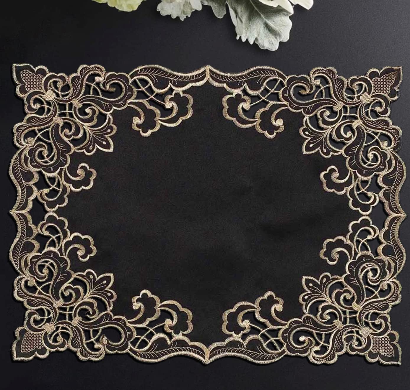 Set of four Noir Luxe black and gold table placemats from the Granada Collection, 12x18 inches, modern dining decor by RIZ-004-PM