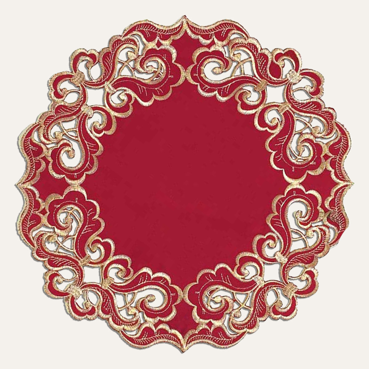 Set of four Crimson Glow Burgundy Gold table doilies from RIZ-005-DL Granada Collection, 15-inch elegant home décor.