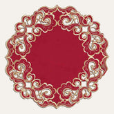 Set of four Crimson Glow Burgundy Gold table doilies from RIZ-005-DL Granada Collection, 15-inch elegant home décor.