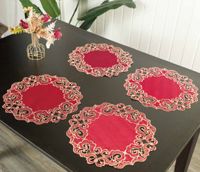 Crimson Glow – Burgundy Gold Table Doilies, Granada Collection Elegant Home Décor 15 inch - Decozen