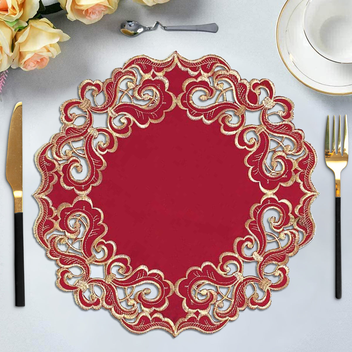 Crimson Glow – Burgundy Gold Table Doilies, Granada Collection Elegant Home Décor 15 inch - Decozen