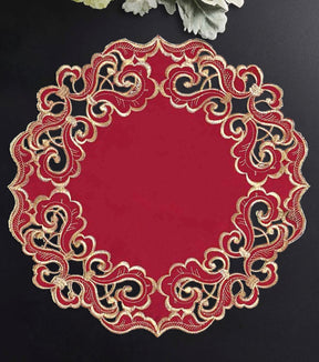 Crimson Glow – Burgundy Gold Table Doilies, Granada Collection Elegant Home Décor 15 inch - Decozen