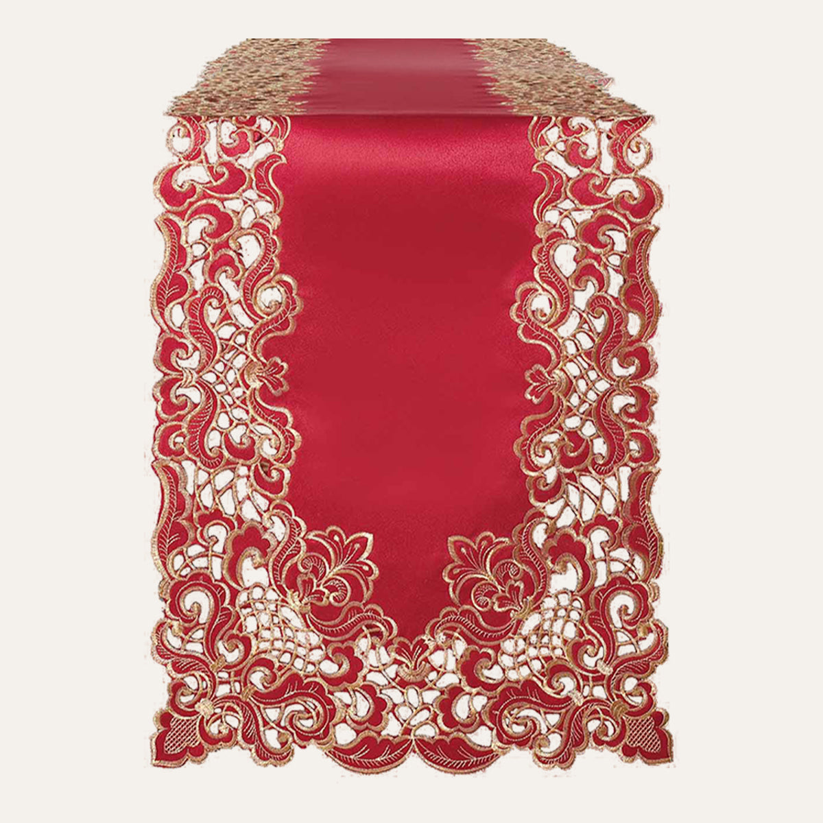 Burgundy gold table runner from RIZ-005-RN Crimson Glow Granada Collection, elegant home accent, 14x108 inches.