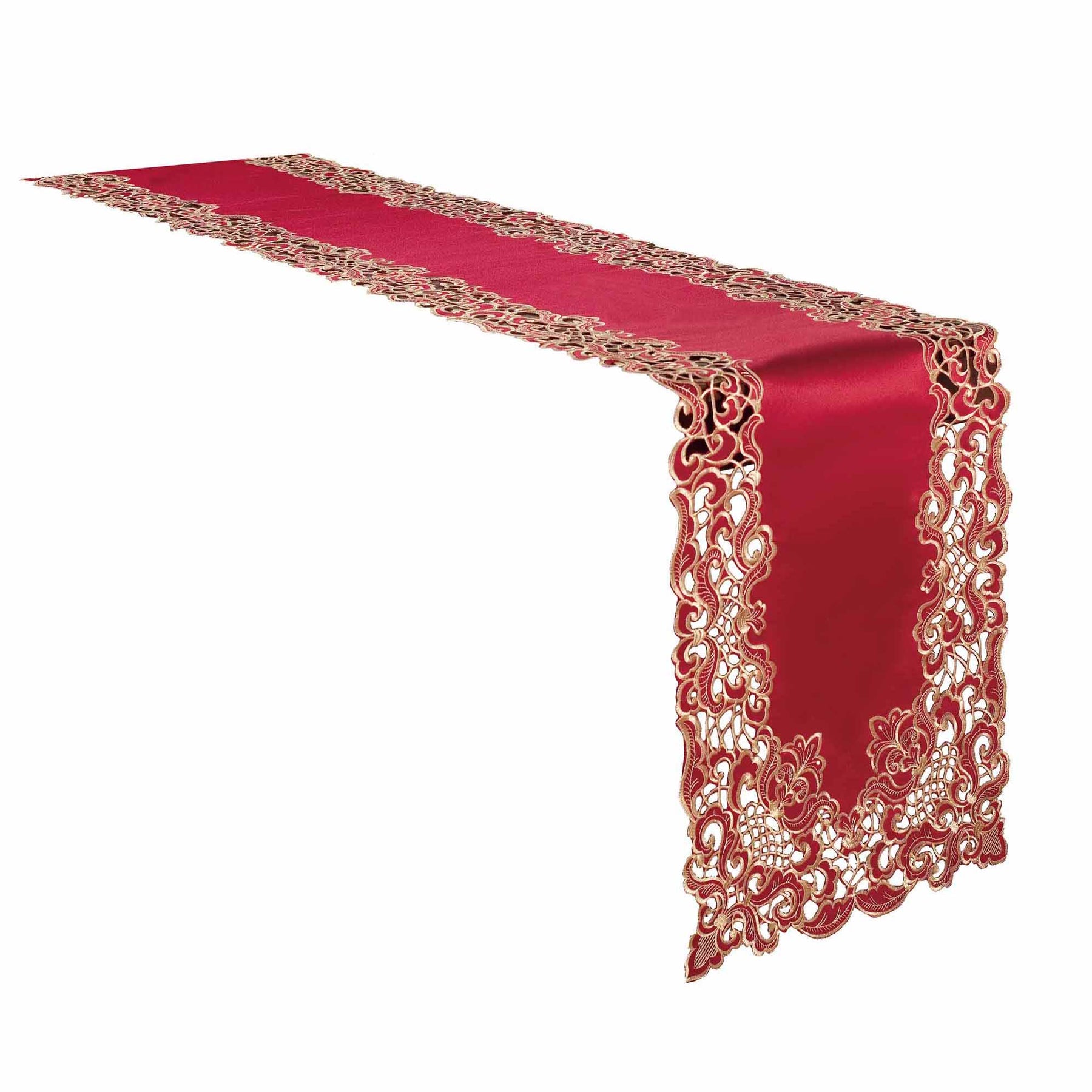 Crimson Glow Burgundy Gold Table Runner from Granada Collection, elegant home accent, 14x108 inches, featuring rich crimson and gold details.