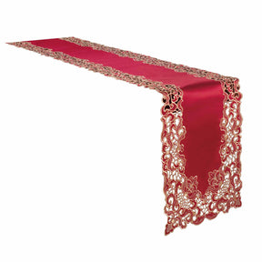 Crimson Glow Burgundy Gold Table Runner from Granada Collection, elegant home accent, 14x108 inches, featuring rich crimson and gold details.