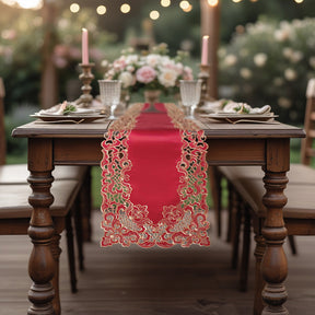 Burgundy and gold table runner from RIZ-005-RN Granada Collection, elegant home accent, 14x108 inches, ideal for stylish dining decor