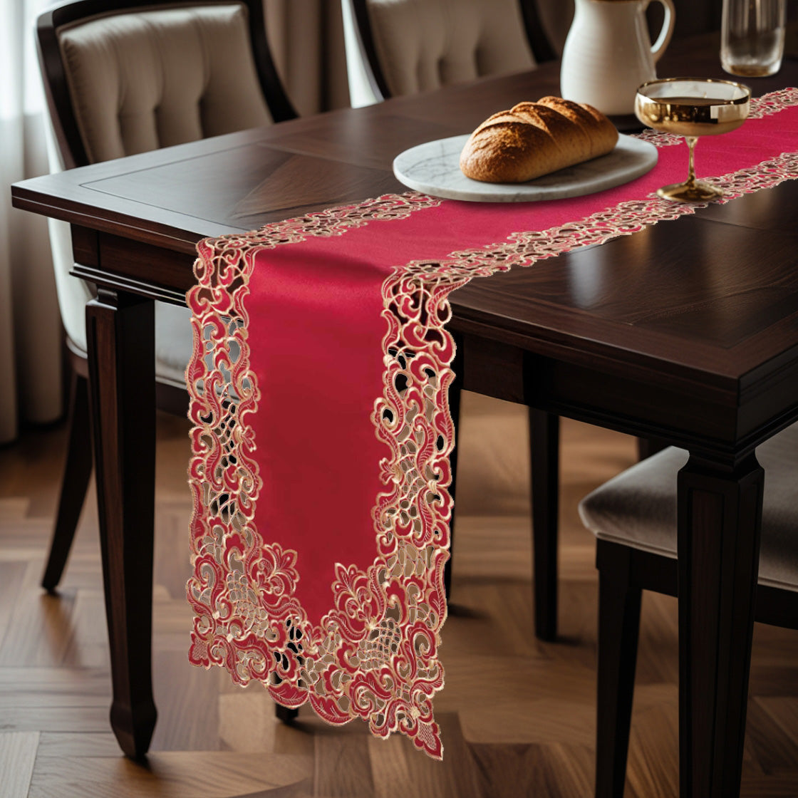 Crimson Glow Burgundy Gold Table Runner from Granada Collection, elegant home accent, 14x108 inches, with intricate gold and burgundy design.