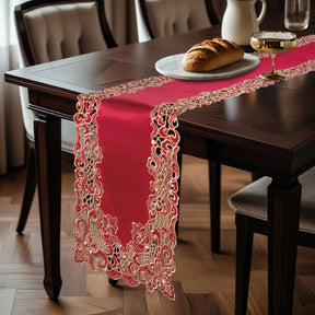 Crimson Glow Burgundy Gold Table Runner from Granada Collection, elegant home accent, 14x108 inches, with intricate gold and burgundy design.