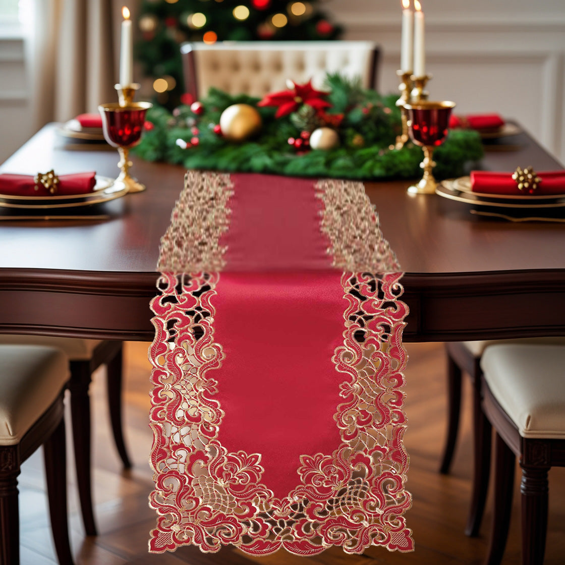 Crimson Glow Burgundy Gold Table Runner from Granada Collection, elegant home decor in 14x108 inches with intricate gold accents.