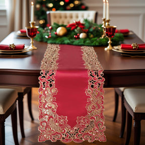 Crimson Glow Burgundy Gold Table Runner from Granada Collection, elegant home decor in 14x108 inches with intricate gold accents.