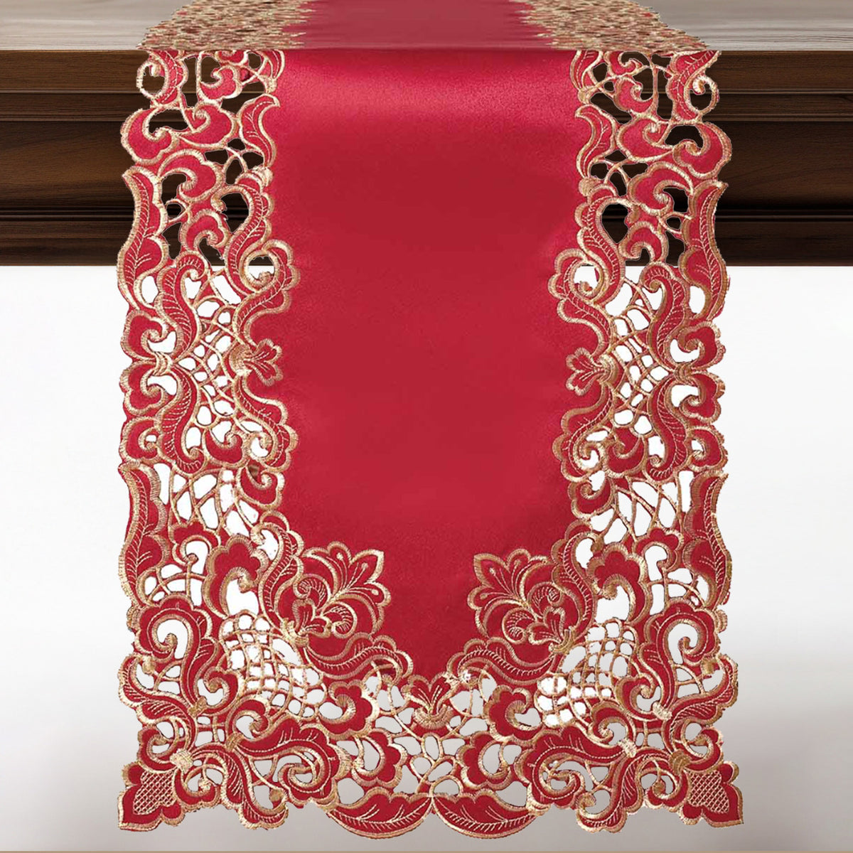 Crimson Glow burgundy gold table runner from Granada Collection, elegant home accent, 14x108 inches, with intricate design details.
