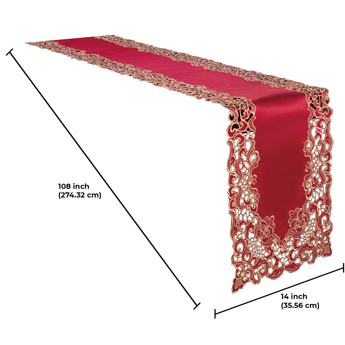 Crimson Glow burgundy gold table runner from Granada Collection, elegant home accent, 14x108 inches, by RIZ-005-RN.