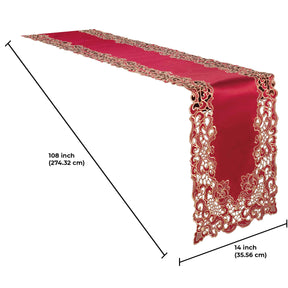 Crimson Glow burgundy gold table runner from Granada Collection, elegant home accent, 14x108 inches, by RIZ-005-RN.