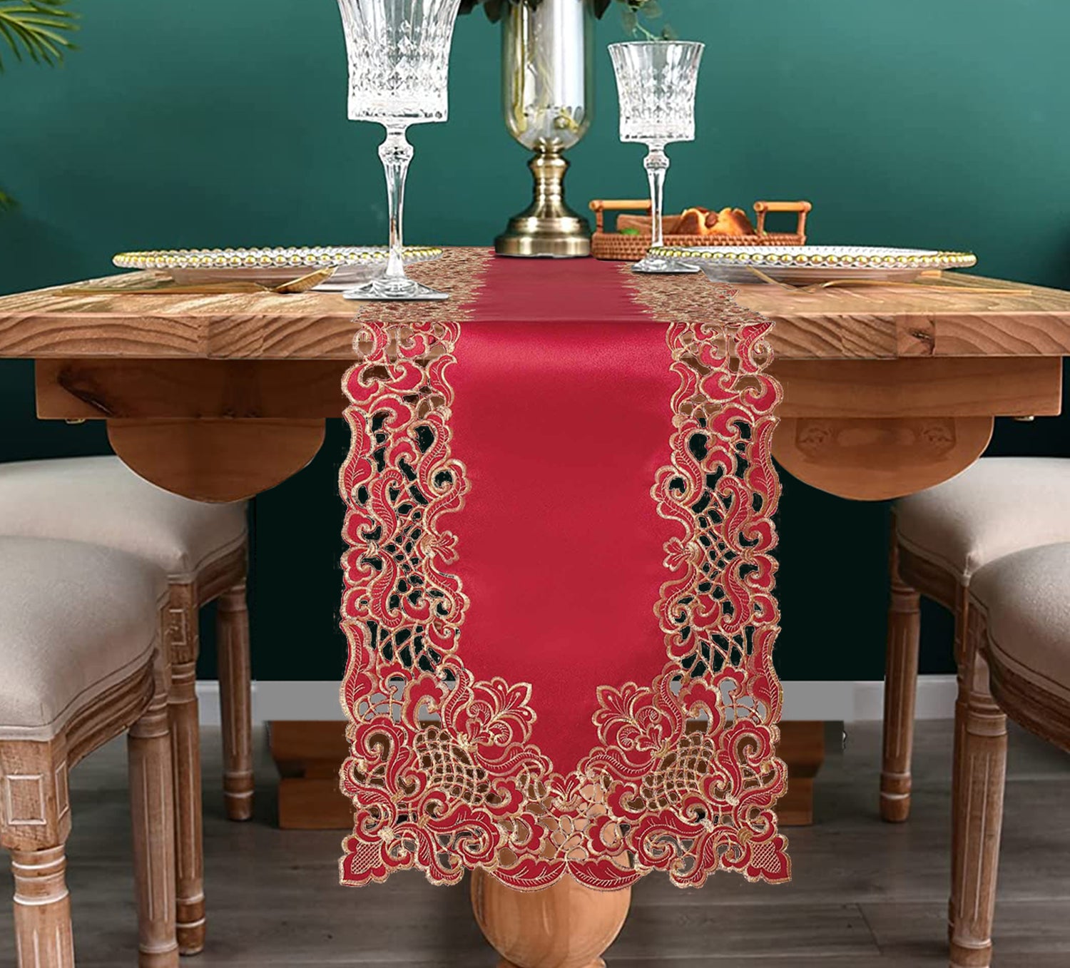 Crimson Glow Burgundy Gold Table Runner from Granada Collection, elegant home accent, 14x108 inches, by RIZ-005-RN.