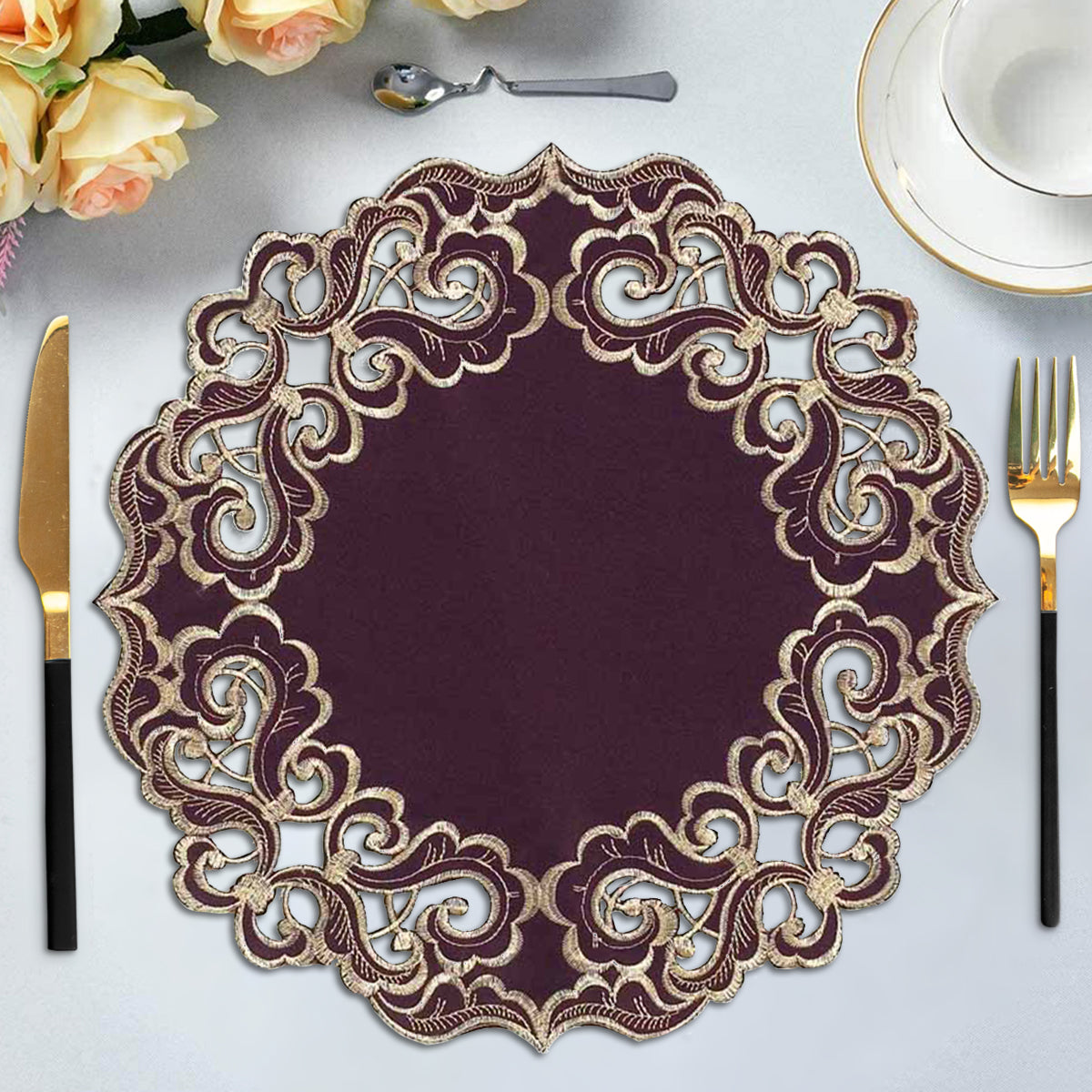 Amethyst Haze – Plum Gold Table Doilies, Granada Collection Artistic Table Décor 15 inch - Decozen