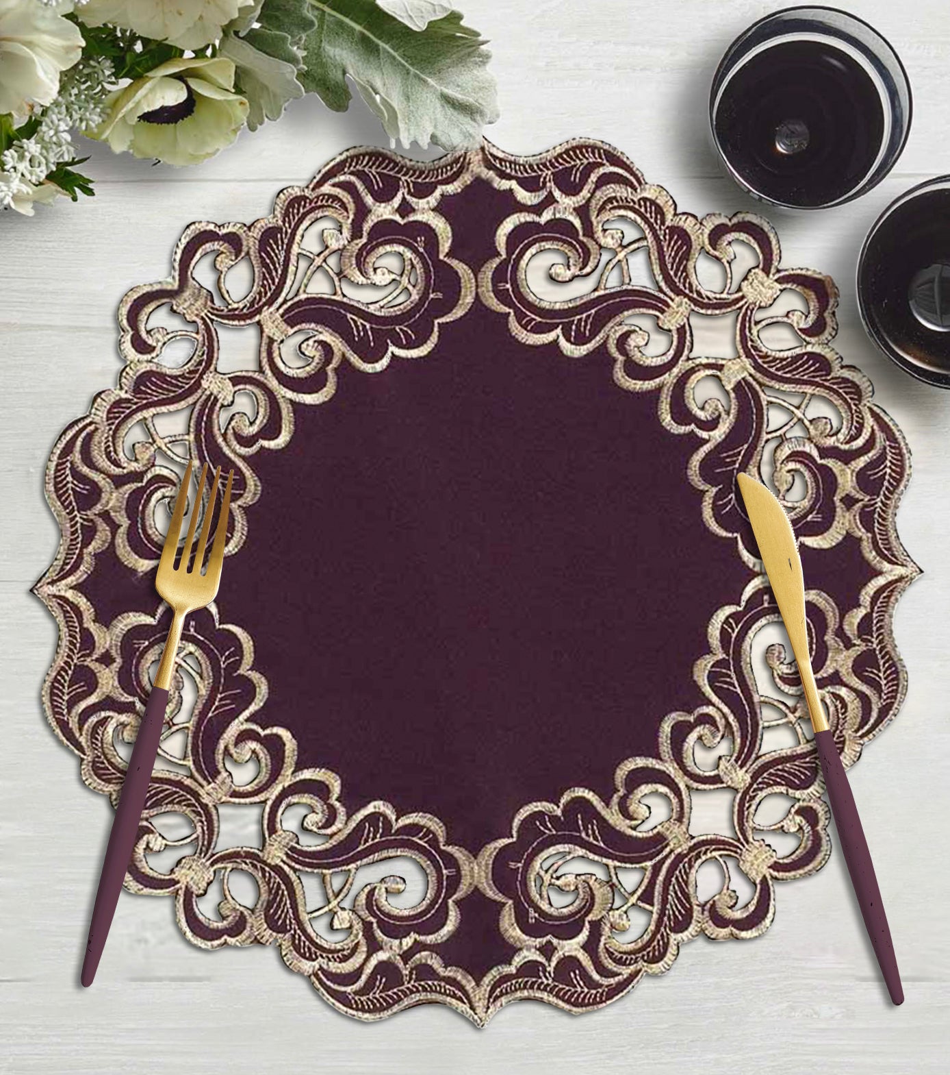 Amethyst Haze – Plum Gold Table Doilies, Granada Collection Artistic Table Décor 15 inch - Decozen