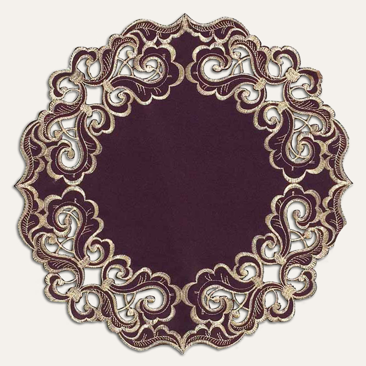 Amethyst Haze – Plum Gold Table Doilies, Granada Collection Artistic Table Décor 15 inch - Decozen