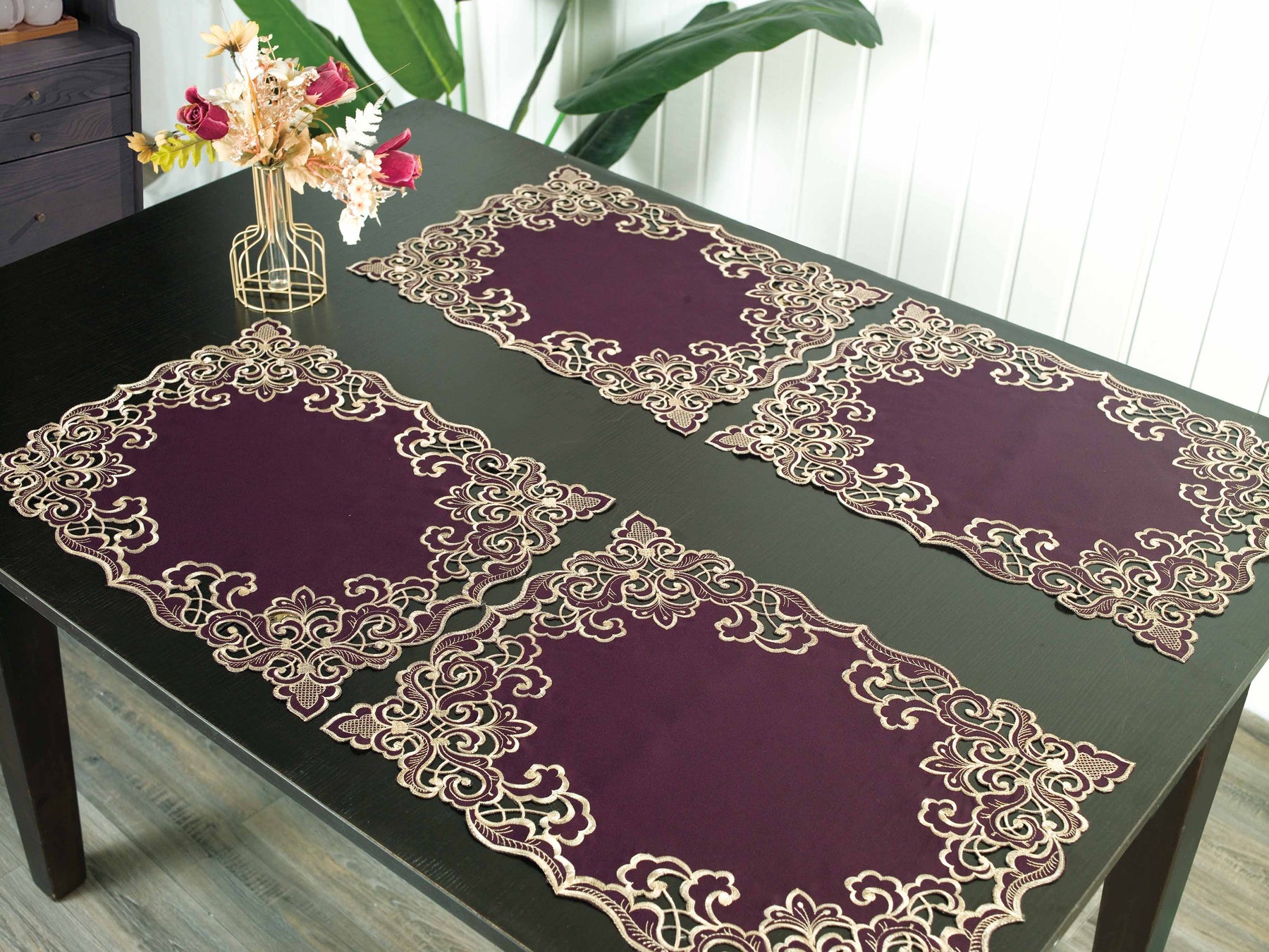 Set of four Amethyst Haze Plum Gold Placemat from RIZ-006-PM Granada Collection, artistic 12x18 inch table decor.