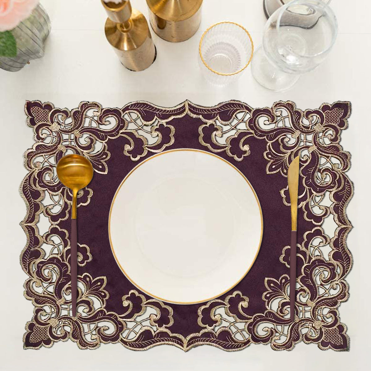Set of four Amethyst Haze Plum Gold table placemats from RIZ-006-PM Granada Collection, artistic 12x18 inch dining décor