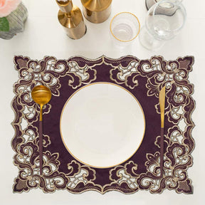 Set of four Amethyst Haze Plum Gold table placemats from RIZ-006-PM Granada Collection, artistic 12x18 inch dining décor
