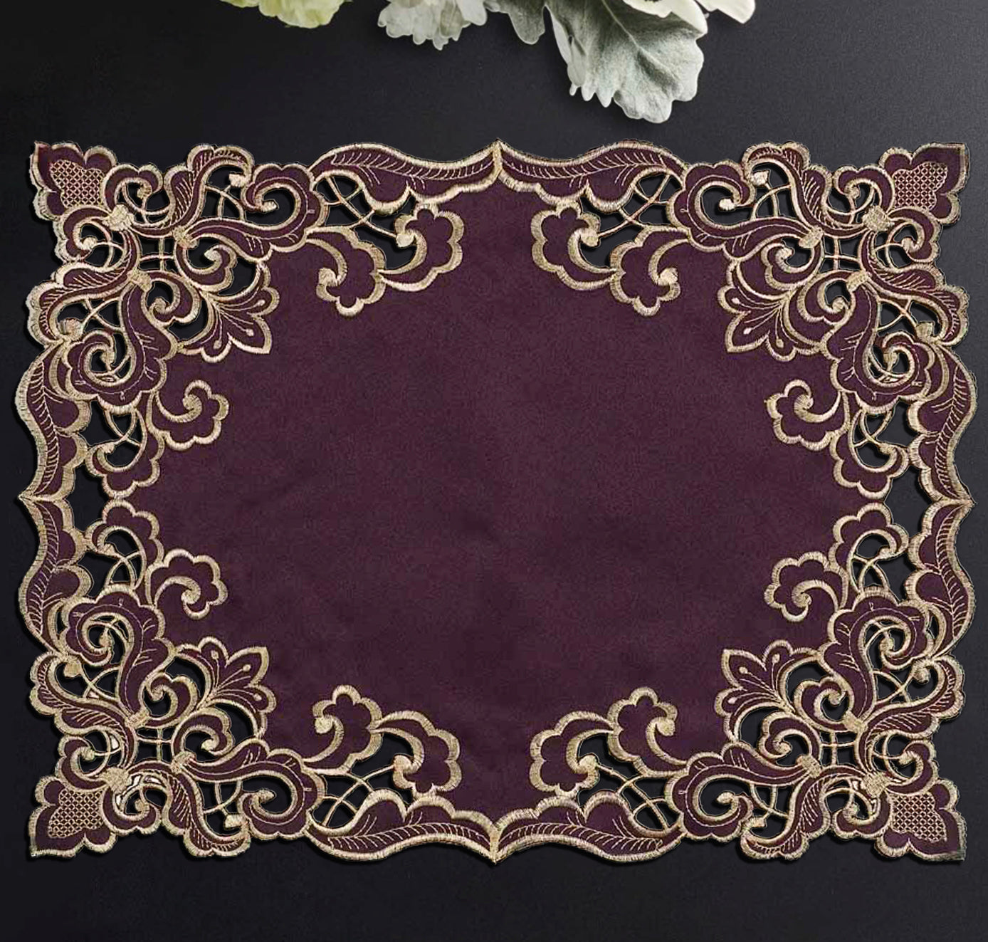 Set of four Amethyst Haze Plum Gold table placemats from RIZ-006-PM Granada Collection, artistic 12x18 inch dining décor.