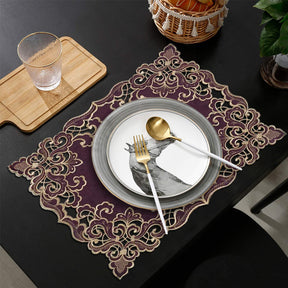 Set of four Amethyst Haze Plum Gold placemats from RIZ-006-PM Granada Collection, 12x18 inch artistic dining décor.