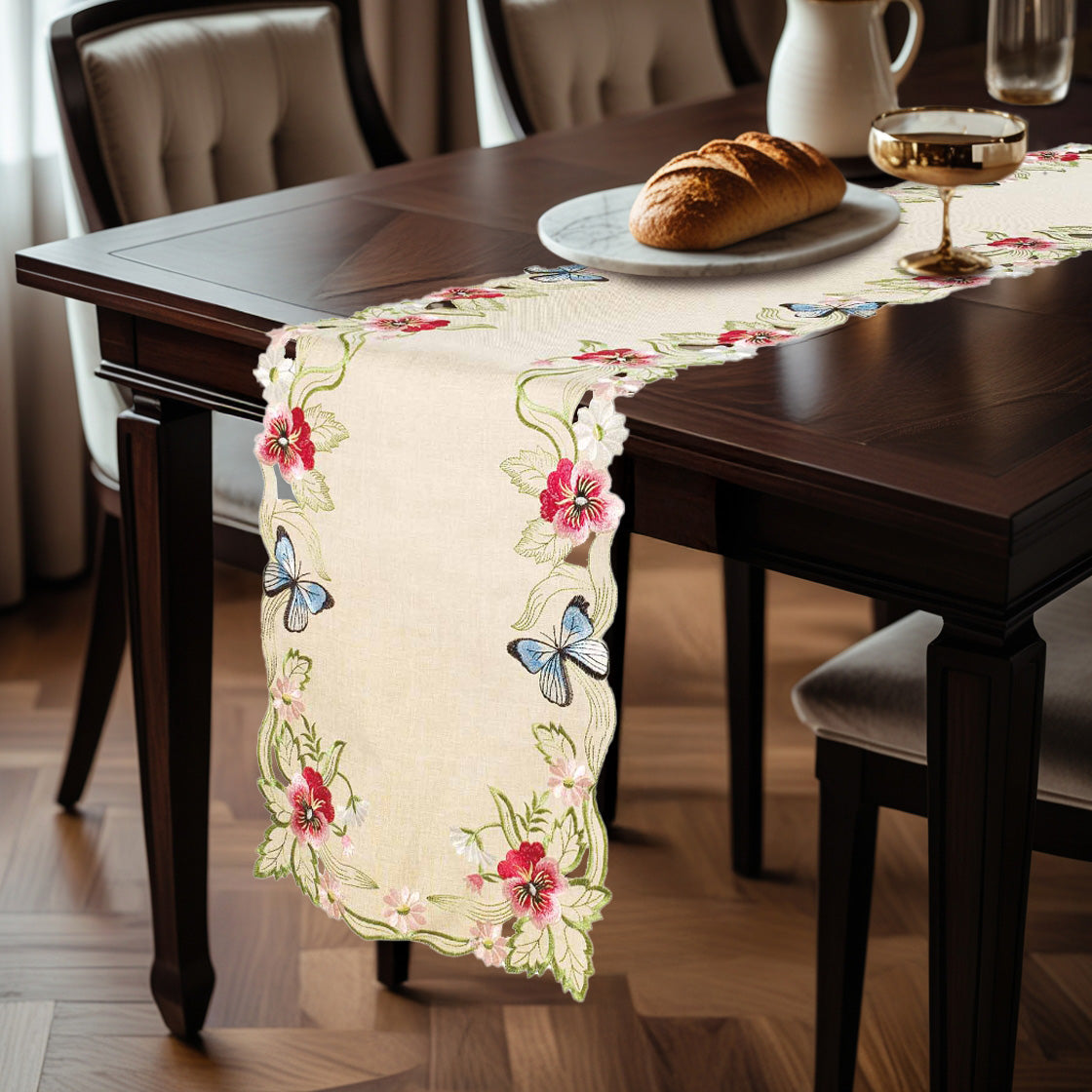 Beige Sandy Dune table runner from RIZ-007-RN Maliana Collection, 14x108 inch, elegant dining table decor with subtle woven pattern.