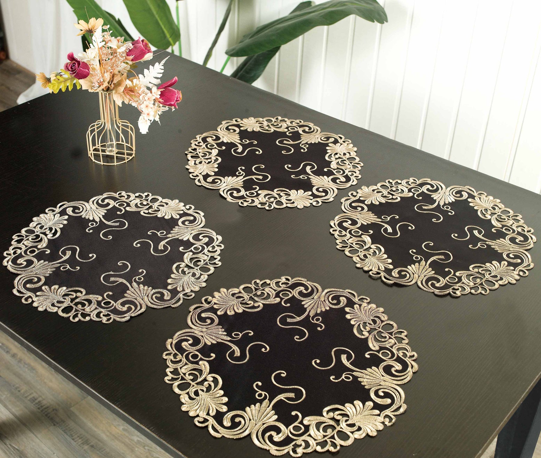 Golden Night – Black Gold Table Doilies, Chantelle Collection Decorative Home Accent 15 inch - Decozen