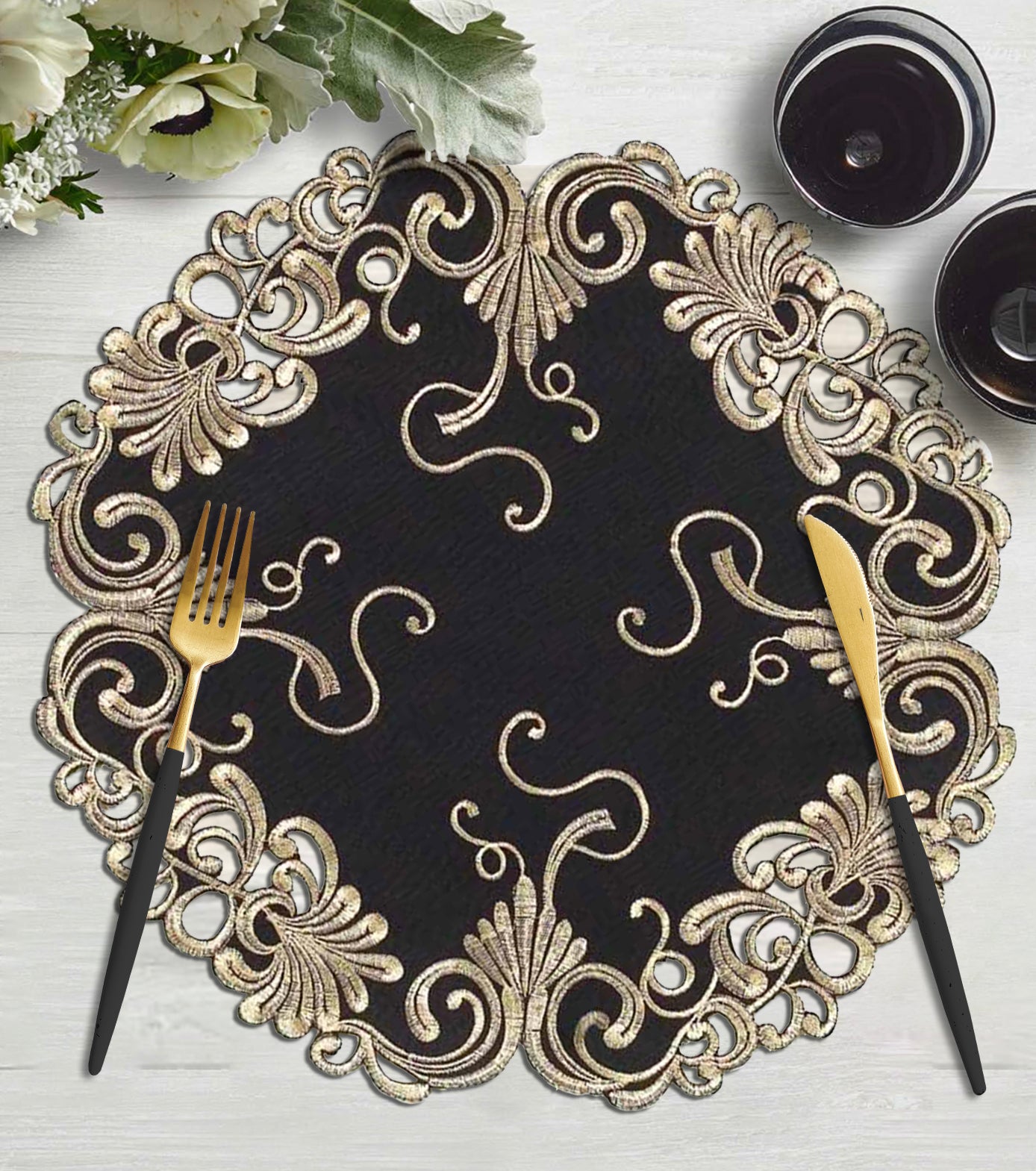 Golden Night – Black Gold Table Doilies, Chantelle Collection Decorative Home Accent 15 inch - Decozen