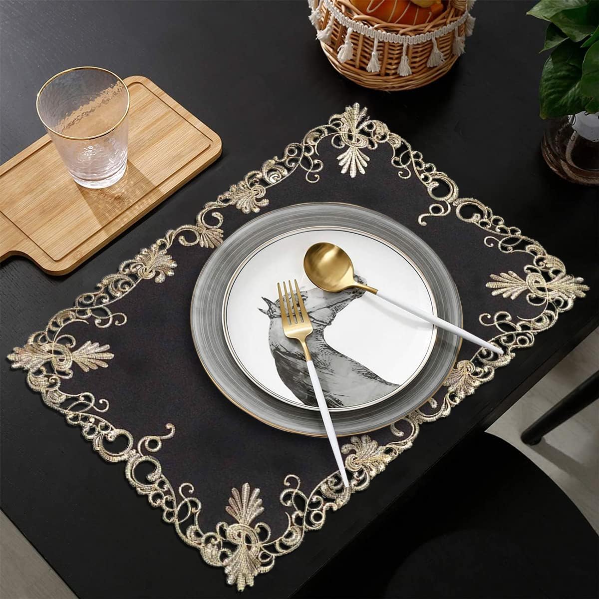 Set of four black and gold table placemats from the Chantelle Collection by RIZ-008-PM, stylish and elegant for dining tables.