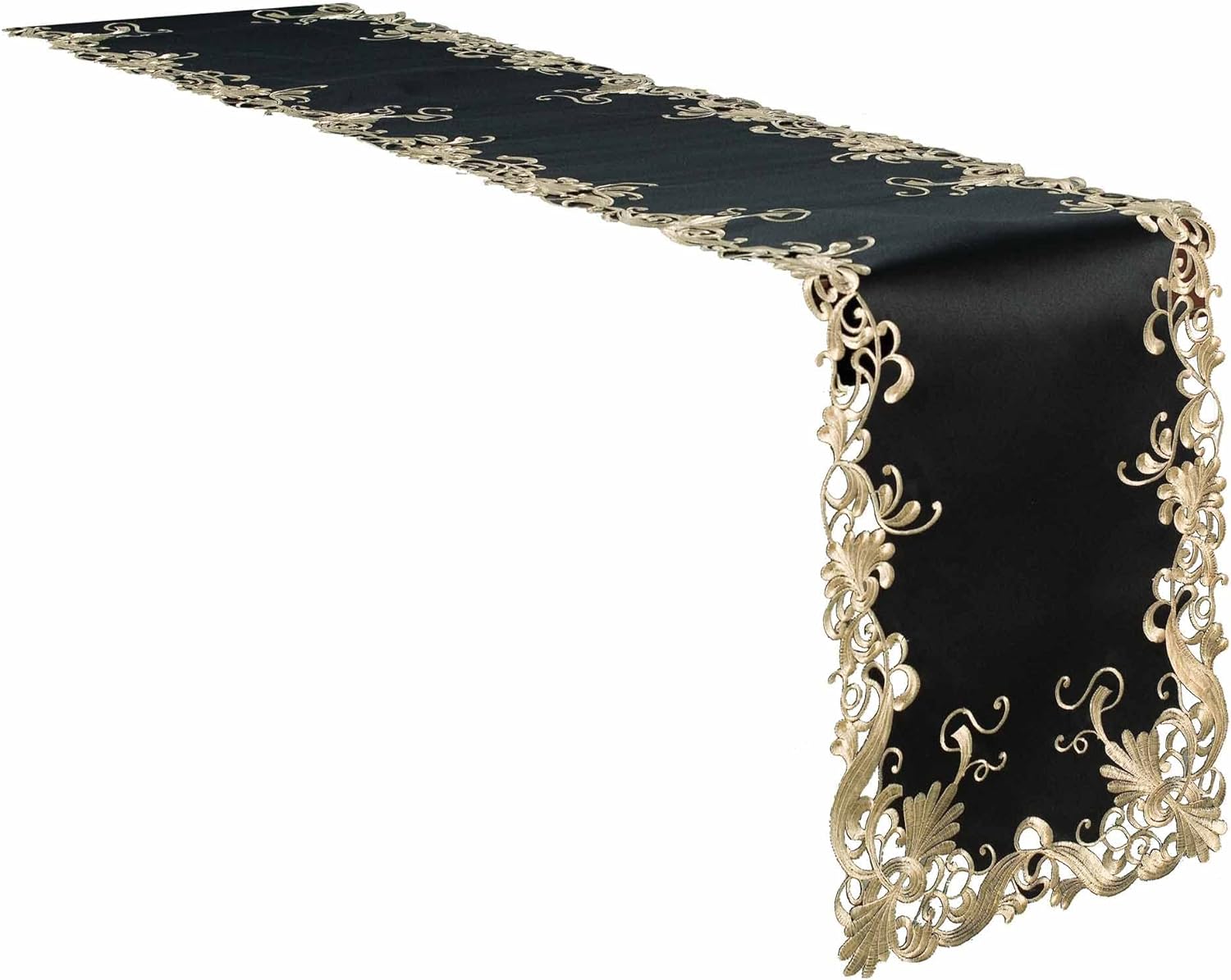 Black gold table runner from RIZ-008-RN Golden Night Chantelle Collection, decorative home accent, 14x108 inches.