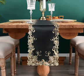 Golden Night Black Gold Table Runner from Chantelle Collection, decorative home accent, 14x108 inches, with elegant gold and black design.