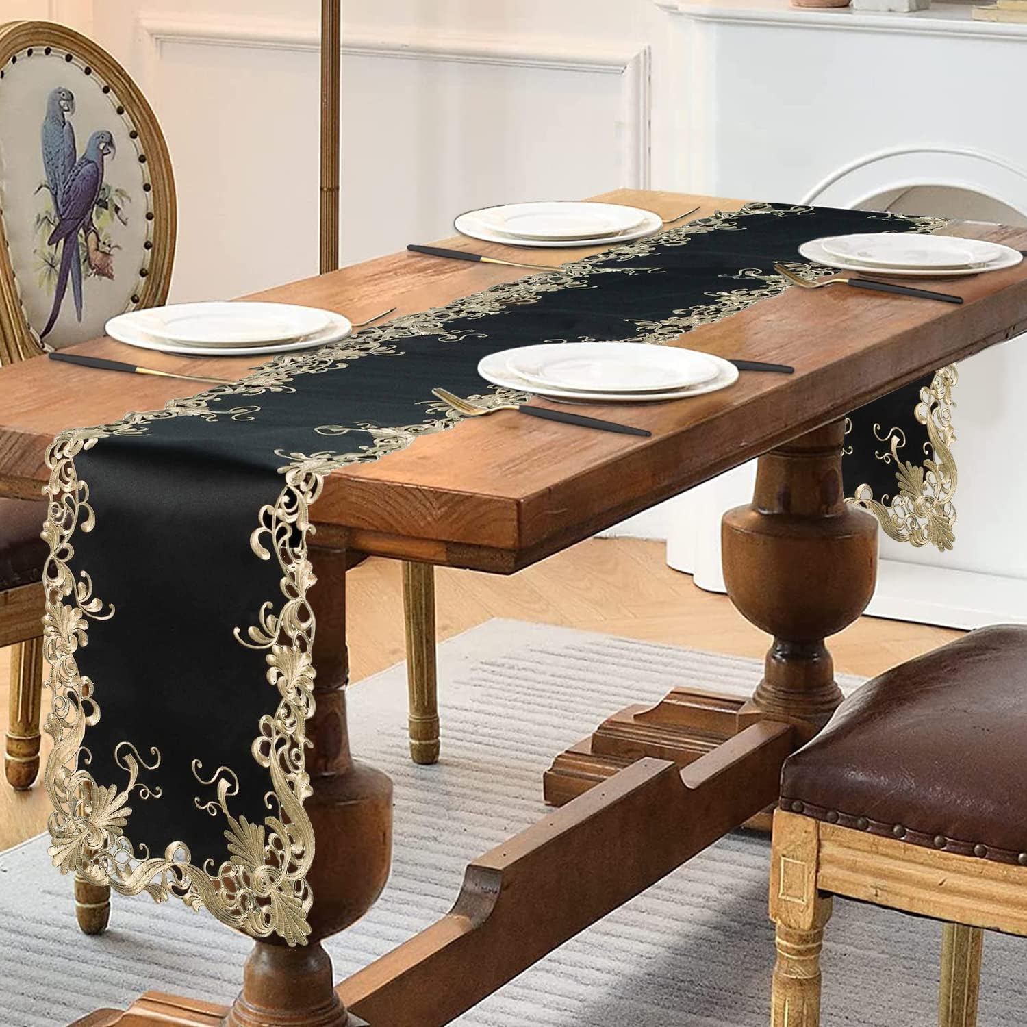 Golden Night Black Gold Table Runner from Chantelle Collection, 14x108 inches, decorative home accent with elegant gold accents.